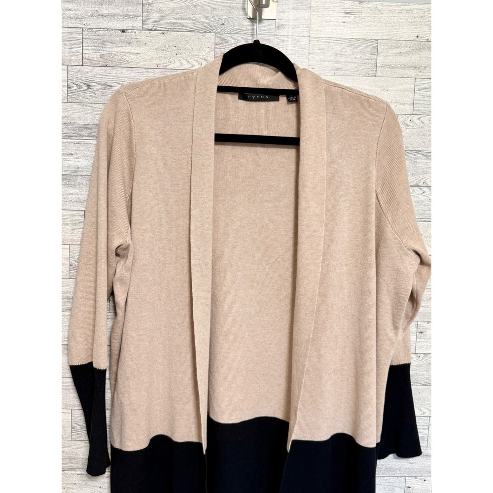 Cyrus Womens 1X Chic Tan Black Colorblock Open Front Longline Cardigan Sweater - Picture 3 of 10